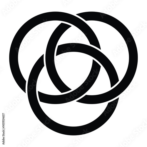 Borromean rings symbol vector icon. Interlocked circles sign for unity, strength, or logic. Black illustration isolated on white background.