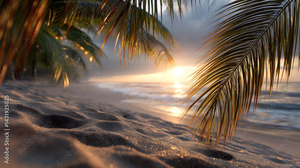 Fototapeta premium Golden rays of sunlight piercing through the palm tree leaves, casting a warm light over the soft sand and the tranquil ocean beyond.
