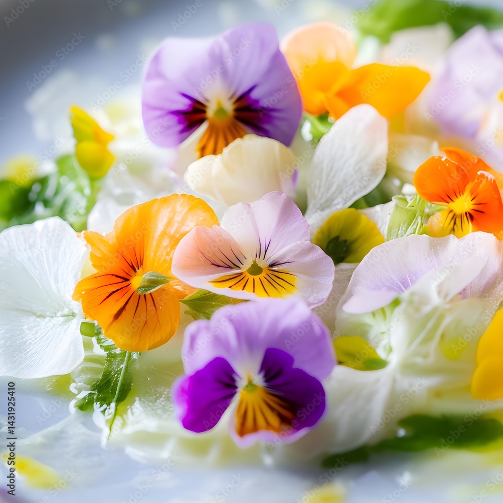 Obraz premium Spring salad with edible flowers. Selective focus. Shallow depth of field.