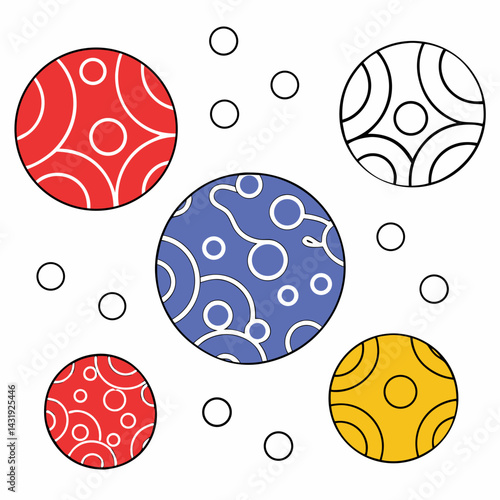 Playful patterned orbs dance across a white background in a vibrant, whimsical design featuring bold colors and simple lines.