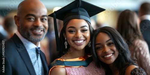 A proud graduate smiles joyfully with family during graduation day. The atmosphere is filled with pride and celebration. Family support is essential in this moment. AI