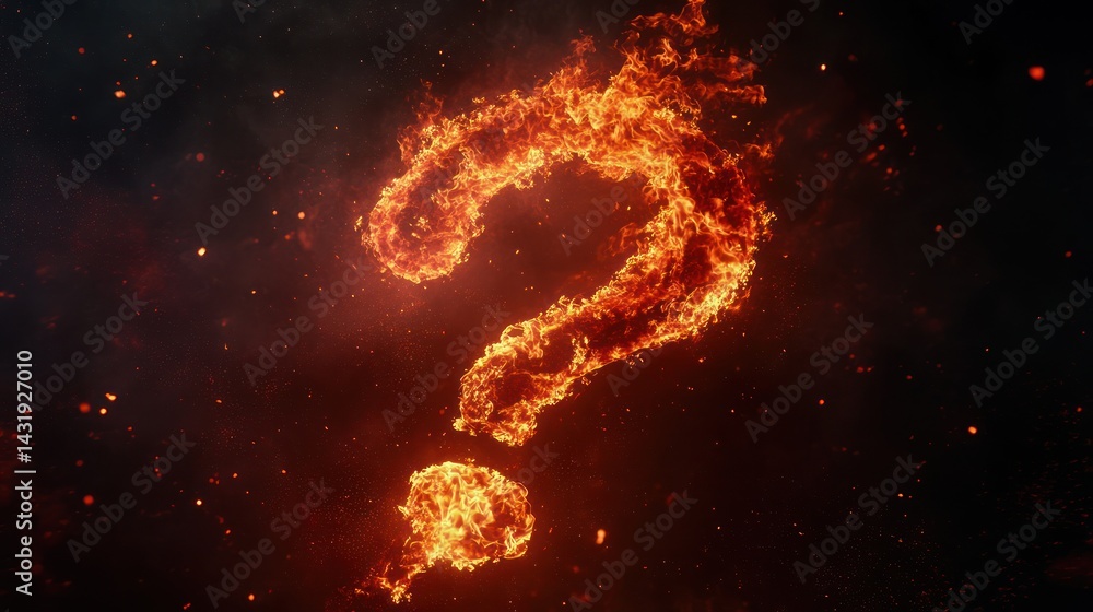 Fiery question mark against dark space background; uncertainty concept Fiery question mark against dark space background; uncertainty concept