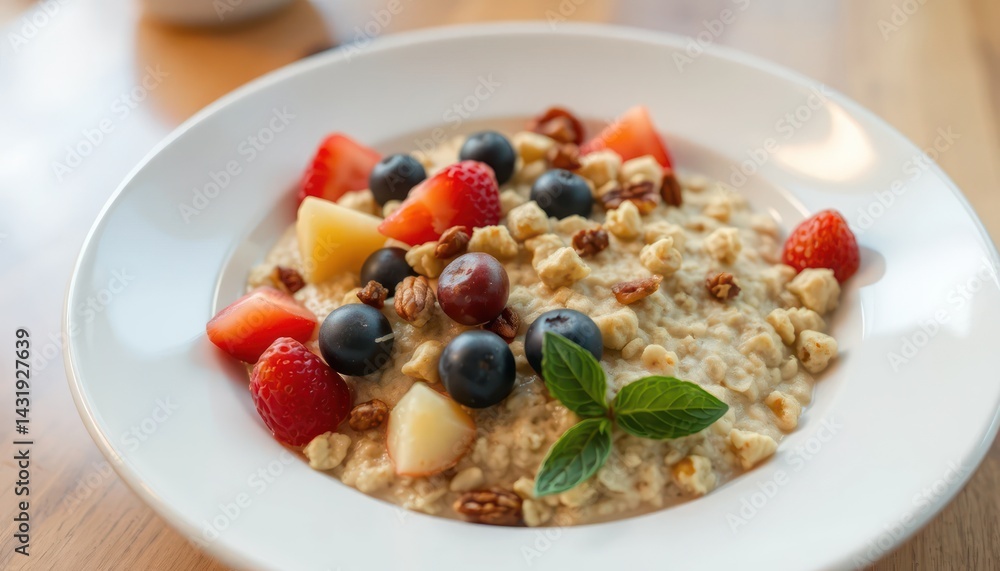 Healthy breakfast of oatmeal topped with fresh fruit and nuts Healthy breakfast of oatmeal topped with fresh fruit and nuts