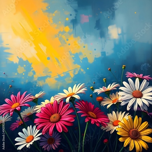 Dramatic cinematic acrylic painting, flat art painterly style, vibrant colors, textured brushstrokes, film-like composition and lighting, retro daisies in various colors