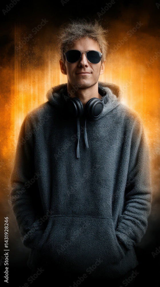 Young man in hoodie and sunglasses with headphones against a vibrant orange background showcasing a modern urban vibe Young man in hoodie and sunglasses with headphones against a vibrant orange background showcasing a modern urban vibe