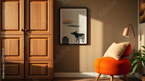 Extreme macro close-up of a cozy reading nook split into distinct sections  a wooden cabinet, modern art, soft orange stool