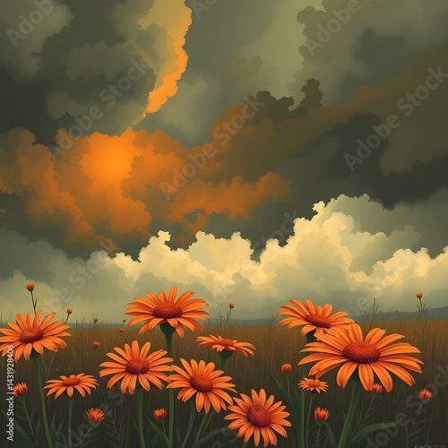Intense dramatic weather, warm autumn colors, retro style daisies, earthy cozy, stormy skies, high tension, flat art painterly style