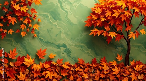 An autumnal scene rendered in warm earthy tones using a colorful green and white marble pattern texture as an abstract background