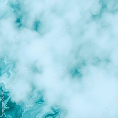 An overhead bird's-eye view depicting thick fog obscuring a colorful green and white-blue marble ink pattern abstract background. 