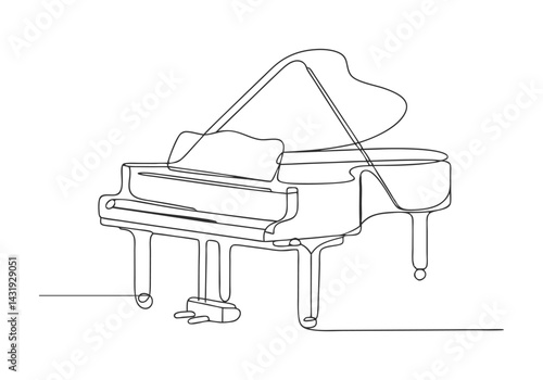 Continuous single line drawing of a luxury wooden grand piano in minimalist black and white vector style