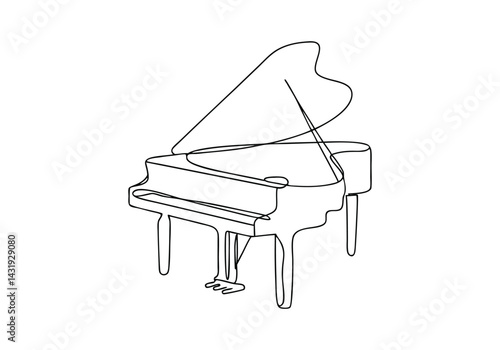 Continuous single line drawing of a luxury wooden grand piano in minimalist black and white vector style