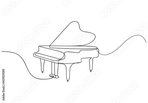Continuous single line drawing of a luxury wooden grand piano in minimalist black and white vector style