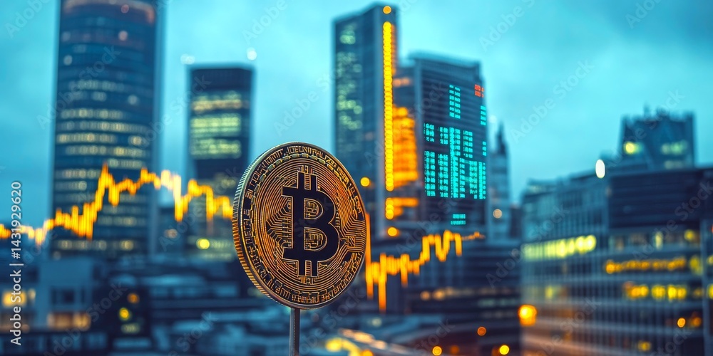 A stunning view of a Bitcoin coin in the foreground. The city skyline glows with modern buildings and digital screens. A financial theme illustrates market growth. AI