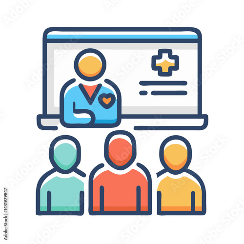 Online medical training: doctor and students on screen