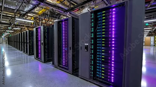 Rows of server racks illuminate a massive data center