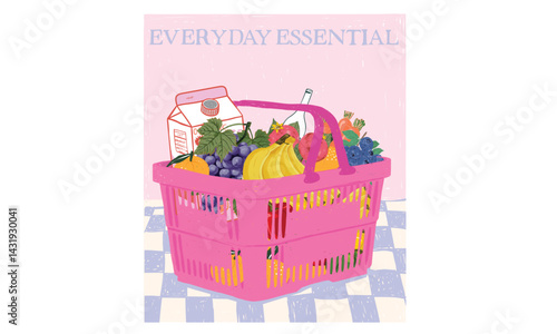 Plastic shopping basket graphic design. Many fruit in basket. Modern art design.
