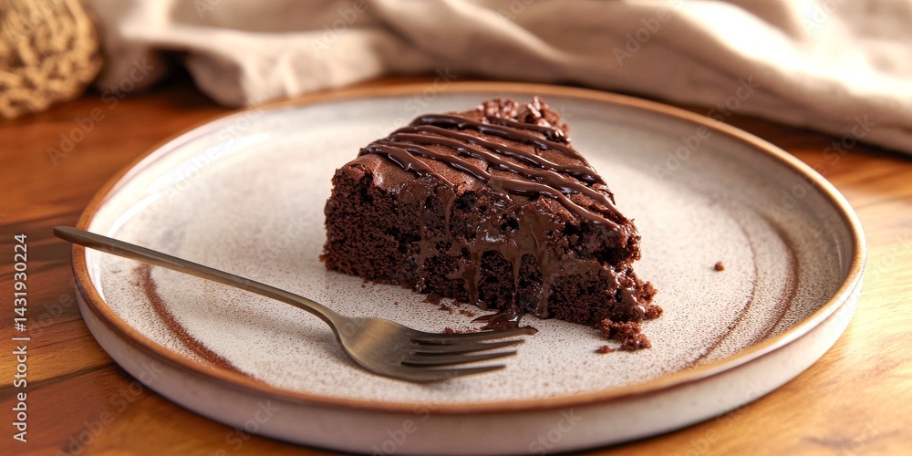 A delicious slice of chocolate cake on a rustic plate. The cake is rich and topped with smooth chocolate drizzle. Perfect for dessert lovers and special occasions. Enjoy this delightful treat. AI