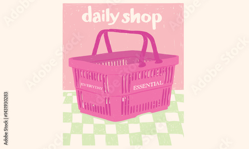 Daily shop art. Plastic shopping basket graphic design. Daily essential shop artwork.  Modern art design.