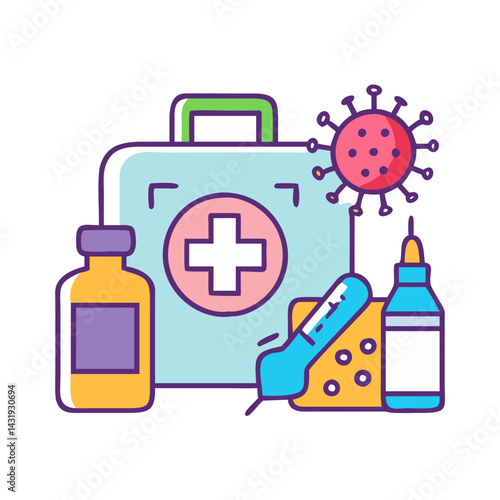 Medical kit with virus, medicine, and thermometer icon