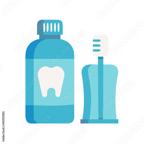 Oral hygiene with blue mouthwash and toothbrush design