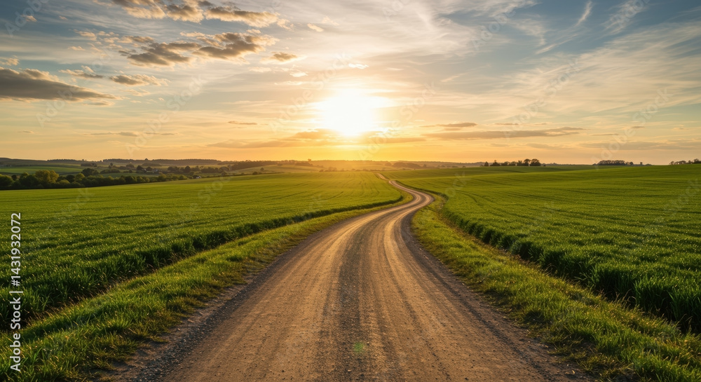 Fototapeta premium Country dirt road winding through green wheat fields at golden sunset. Rural landscape photography. Agricultural farmland scenery. Journey path concept. Countryside tranquility. Nature exploration.