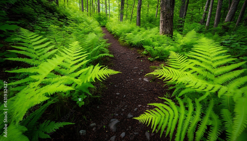 Fototapeta premium Lush Ferns Flourishing Verdant fronds stretching skyward along forest path in natural