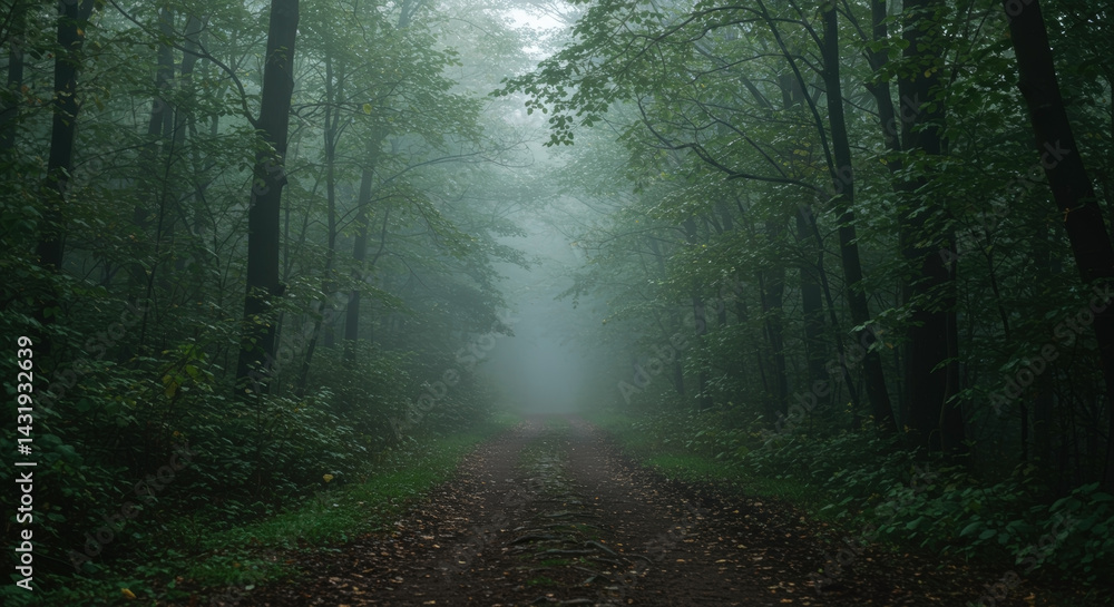 Fototapeta premium Misty forest path with fallen autumn leaves and foggy atmosphere. Mysterious woodland scenery. Natural environment. Hiking trail adventure. Tranquil wilderness exploration. Moody landscape composition