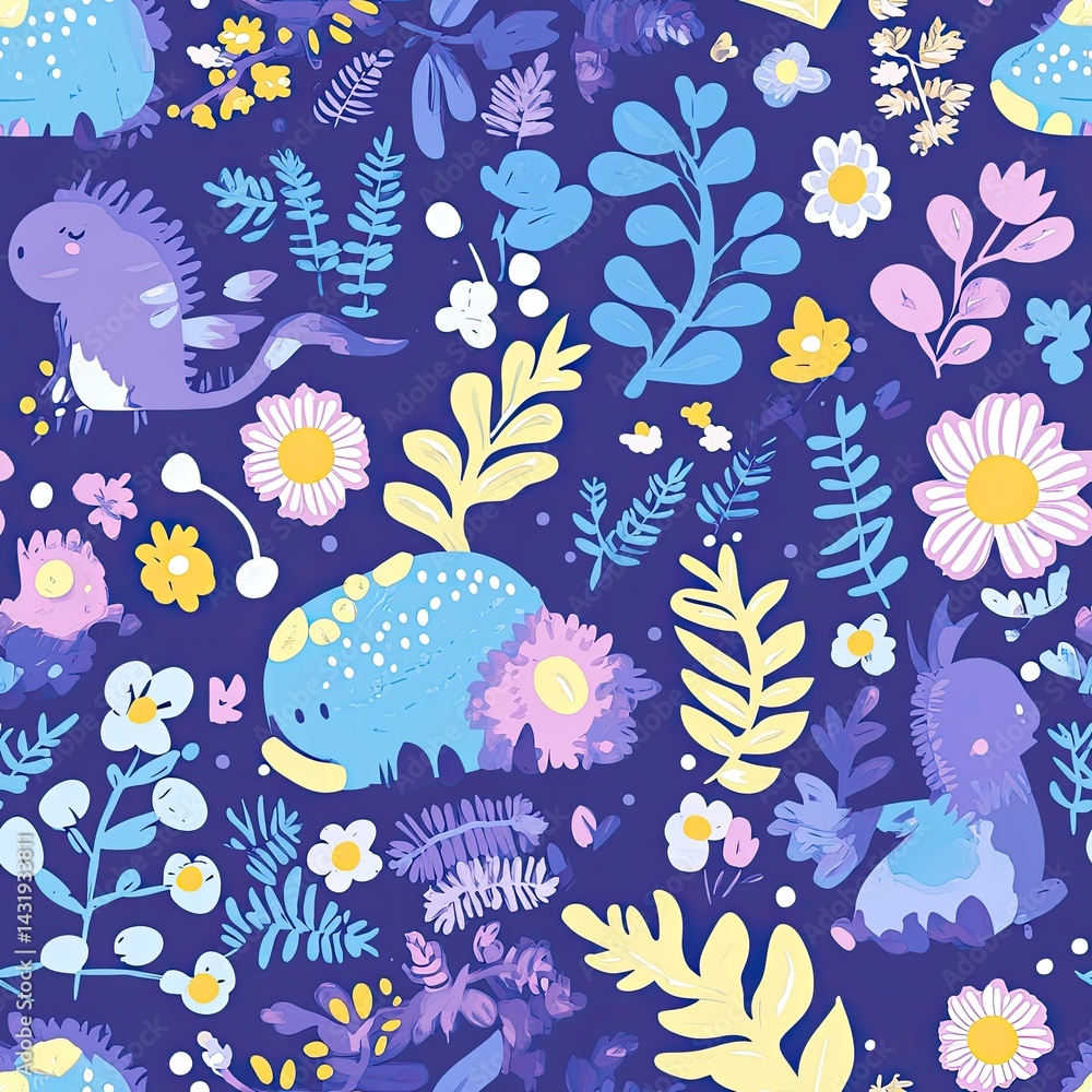 Whimsical Dragon and Floral Fantasy Seamless Pattern: A Delightful Blend of Cute Creatures and Blossoming Flora Whimsical Dragon and Floral Fantasy Seamless Pattern: A Delightful Blend of Cute Creatures and Blossoming Flora