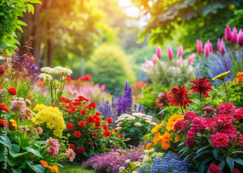 Fototapeta premium Vibrant Blooming Garden: Lush Colorful Flowers & Foliage - Stock Photo