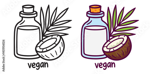 Hand-drawn coconut milk bottle with tropical leaves and fruit. Vegan plant-based drink. Isolated on white background