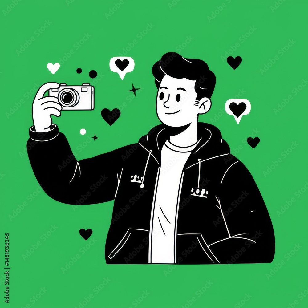 Happy young photographer taking selfie with camera on green background