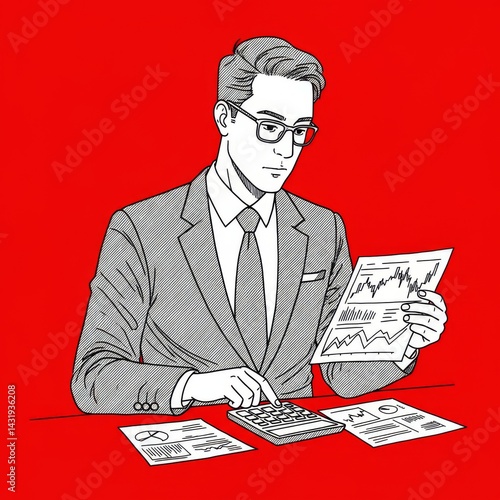 Business analysis concept with male analyst reviewing financial reports for data insights