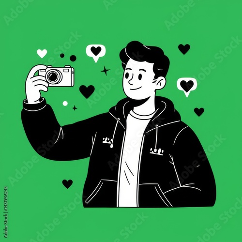 Obraz na płótnie Happy young photographer taking selfie with camera on green background w salonie