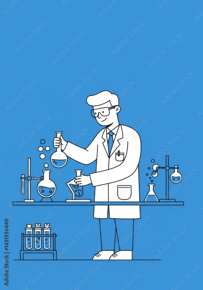 Scientist in laboratory conducting chemistry experiment with test tubes on blue background