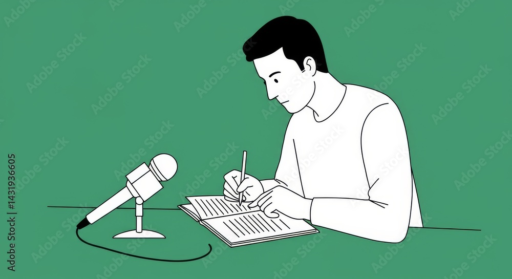 Podcast host noting ideas and concepts for creative broadcast on a green background