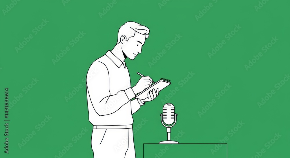 Podcast concept art with hand-drawn character taking notes near microphone