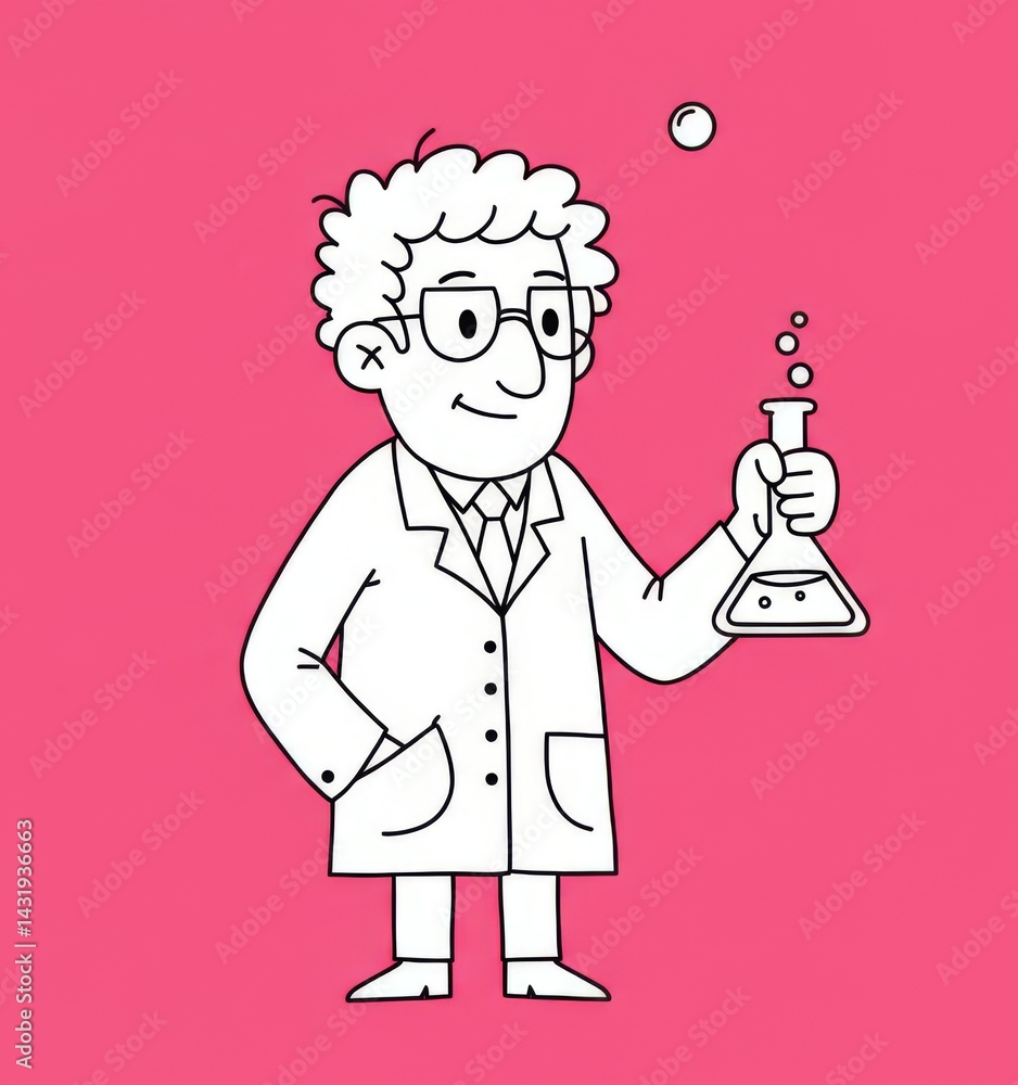 Cheerful scientist character in lab coat with test tube for science education and design