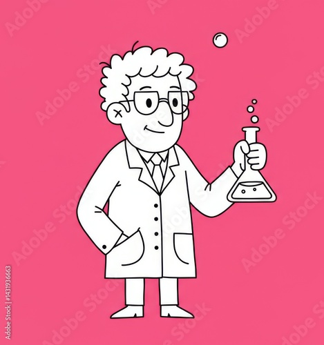 Obraz na płótnie Cheerful scientist character in lab coat with test tube for science education and design w salonie