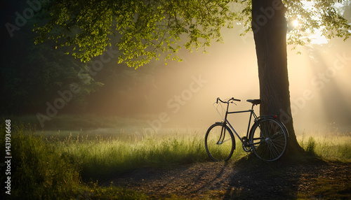 A lonely bicycle leaning against a tree on the edge of a forest,