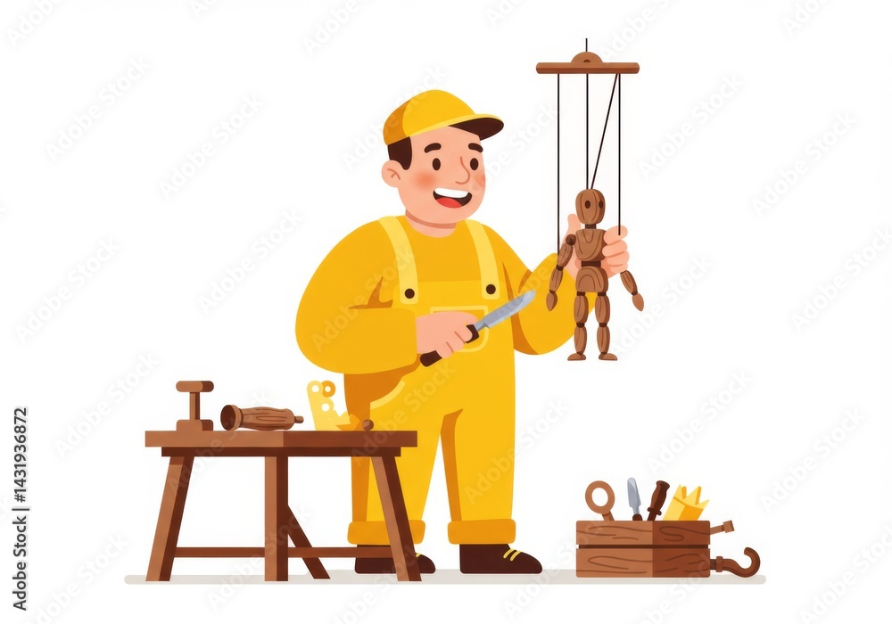 Craftsman making puppet with tools in workshop setting for artistic toy creation concept