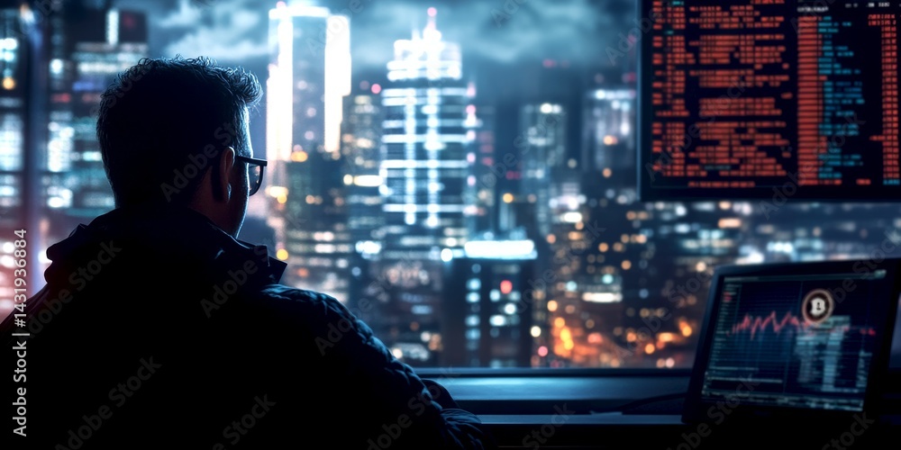A tech-savvy individual analyzes data in a modern city environment. The illuminated skyline adds a futuristic touch. This image represents technology and digital innovation. AI