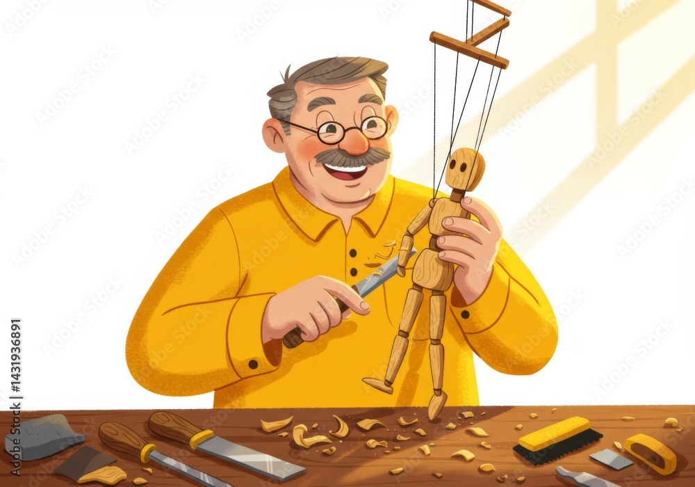 Craftsmanship and joyful woodcarving of a marionette puppet maker in workshop