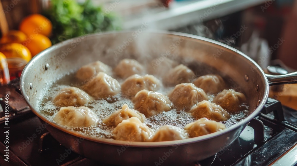 Dumplings pelmeni with minced meat filling boil in hot broth in steel pot on stove at kitchen, cooking progress, bubbling water Dumplings pelmeni with minced meat filling boil in hot broth in steel pot on stove at kitchen, cooking progress, bubbling water