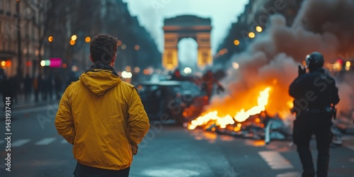 Obraz na płótnie A young man stands still in the streets. Flames burn in the background, showing a scene of unrest. The Arc de Triomphe stands tall. Capture the essence of a critical moment. AI w salonie
