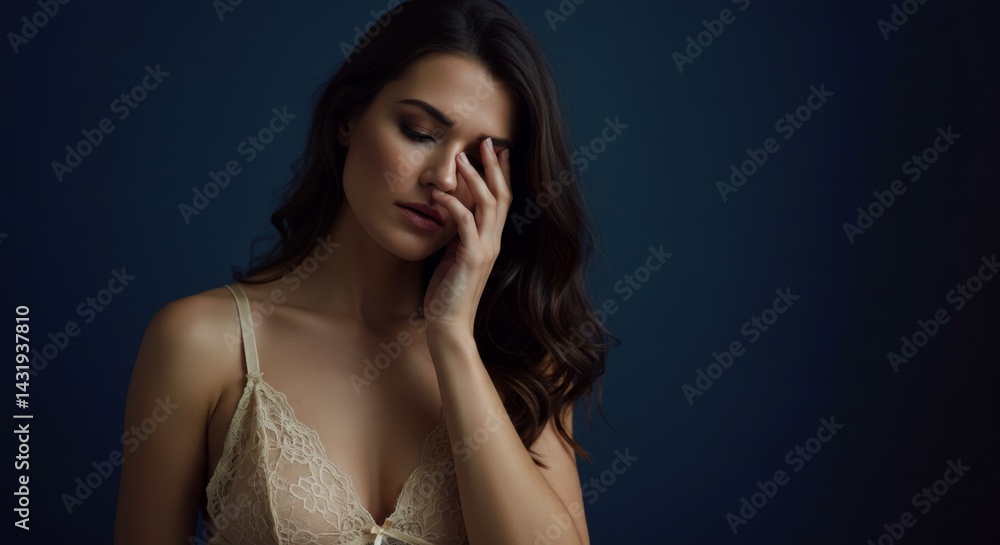 Contemplative woman in lingerie posing against dark background