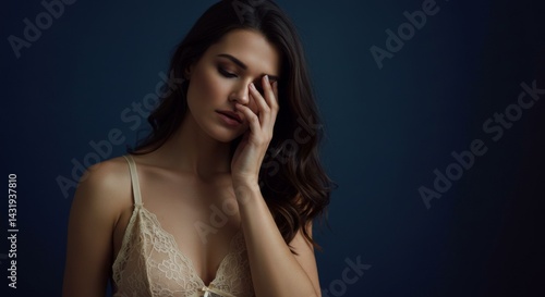 Contemplative woman in lingerie posing against dark background