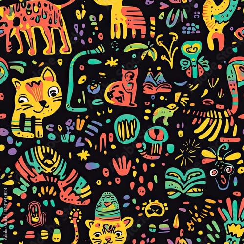 Vibrant Colorful Animal Pattern: A Seamless Textile Design Featuring Cats, Tigers, and Abstract Shapes