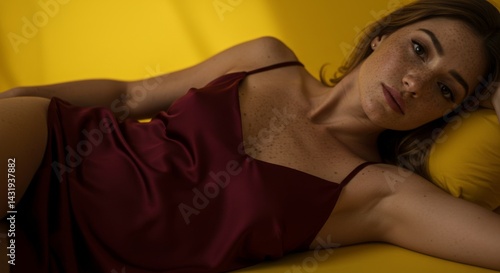 Obraz na płótnie Elegant woman in red silk dress relaxing on yellow background - fashion and beauty concept w salonie