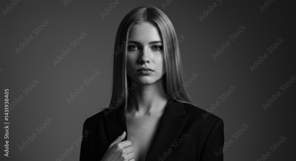 Elegant black and white portrait of a woman in formal attire