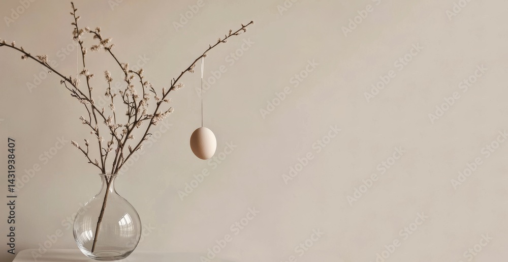 A minimalistic vase with a twig and a hanging egg creates a calming atmosphere. Simple details evoke a sense of peace. Perfect for home decor and Easter themes. AI